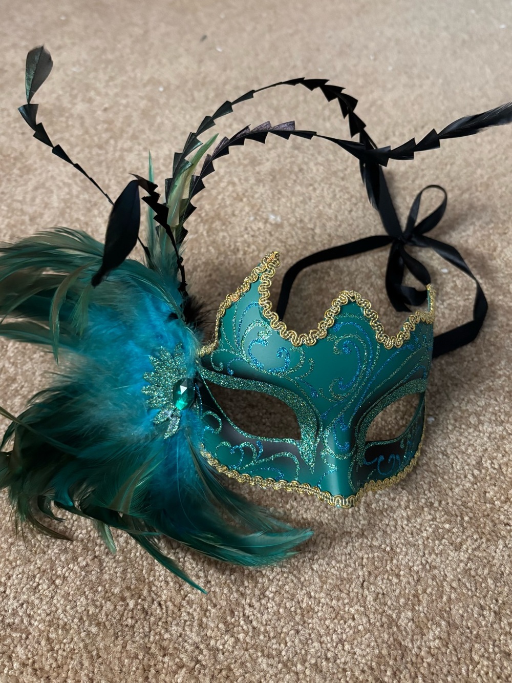 Teal Feathered Masquerade Mask with Gold Trim